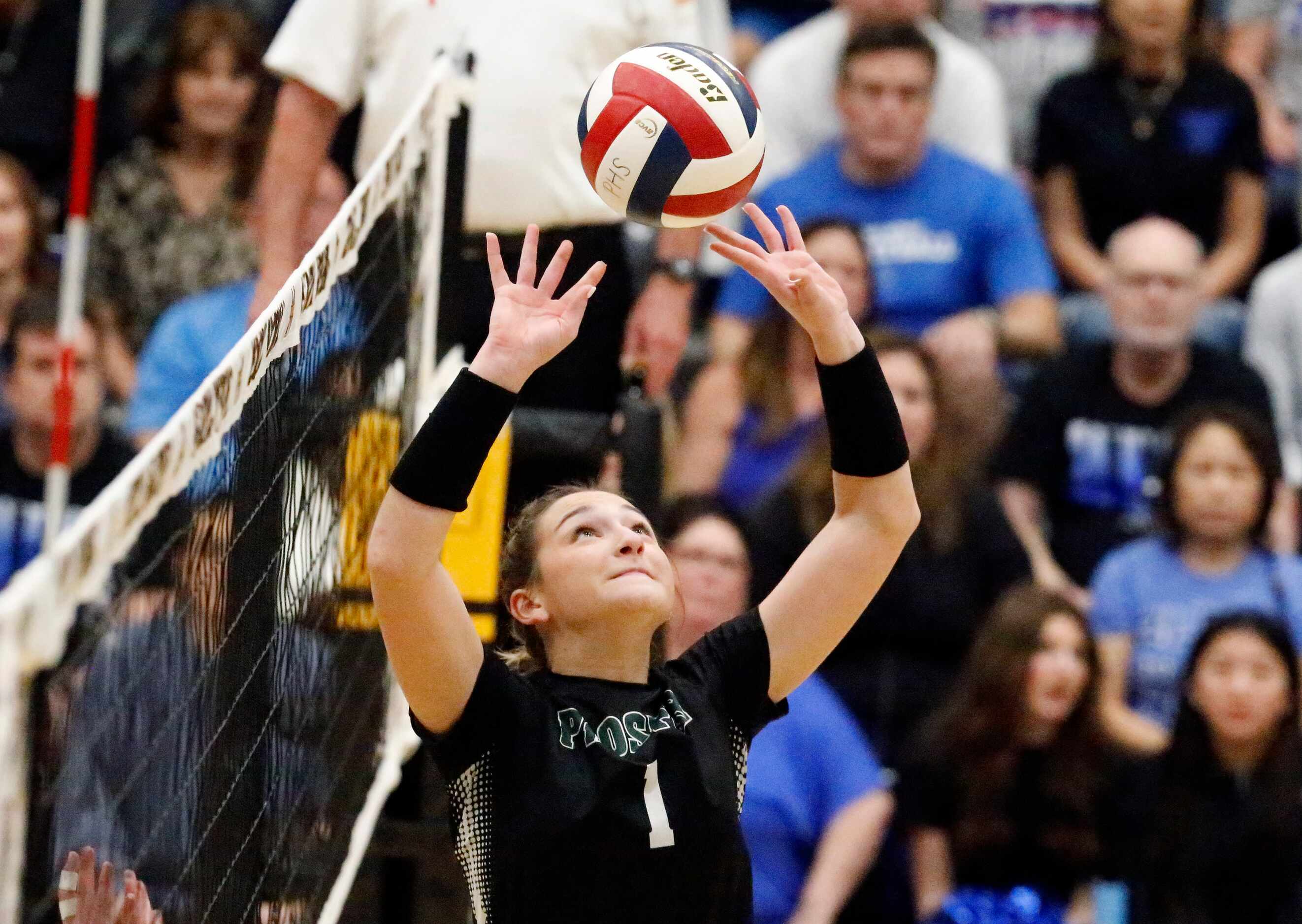 Prosper High School setter Callie Kieffer (1)  makes a set during game two as Plano West...