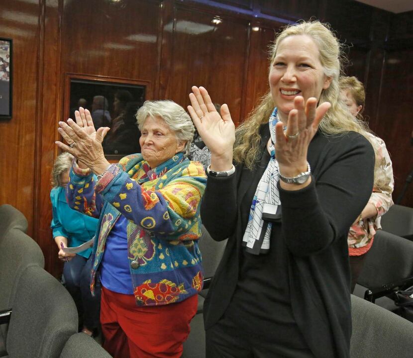 
Retired state Rep. Harryette Ehrhardt (left) and Kyle Renard cheered after the Dallas ISD...