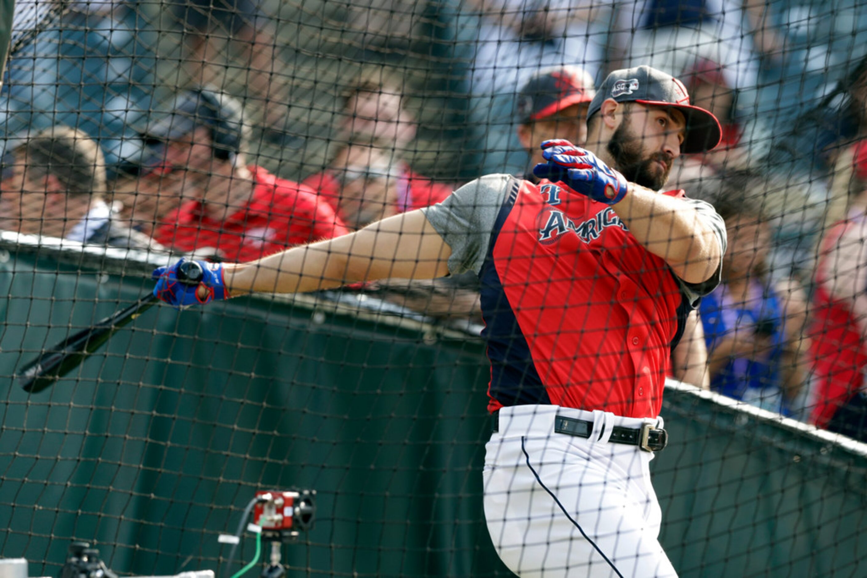 Joey Gallo, of the Texas Rangers, hits during batting practice for the MLB All-Star baseball...