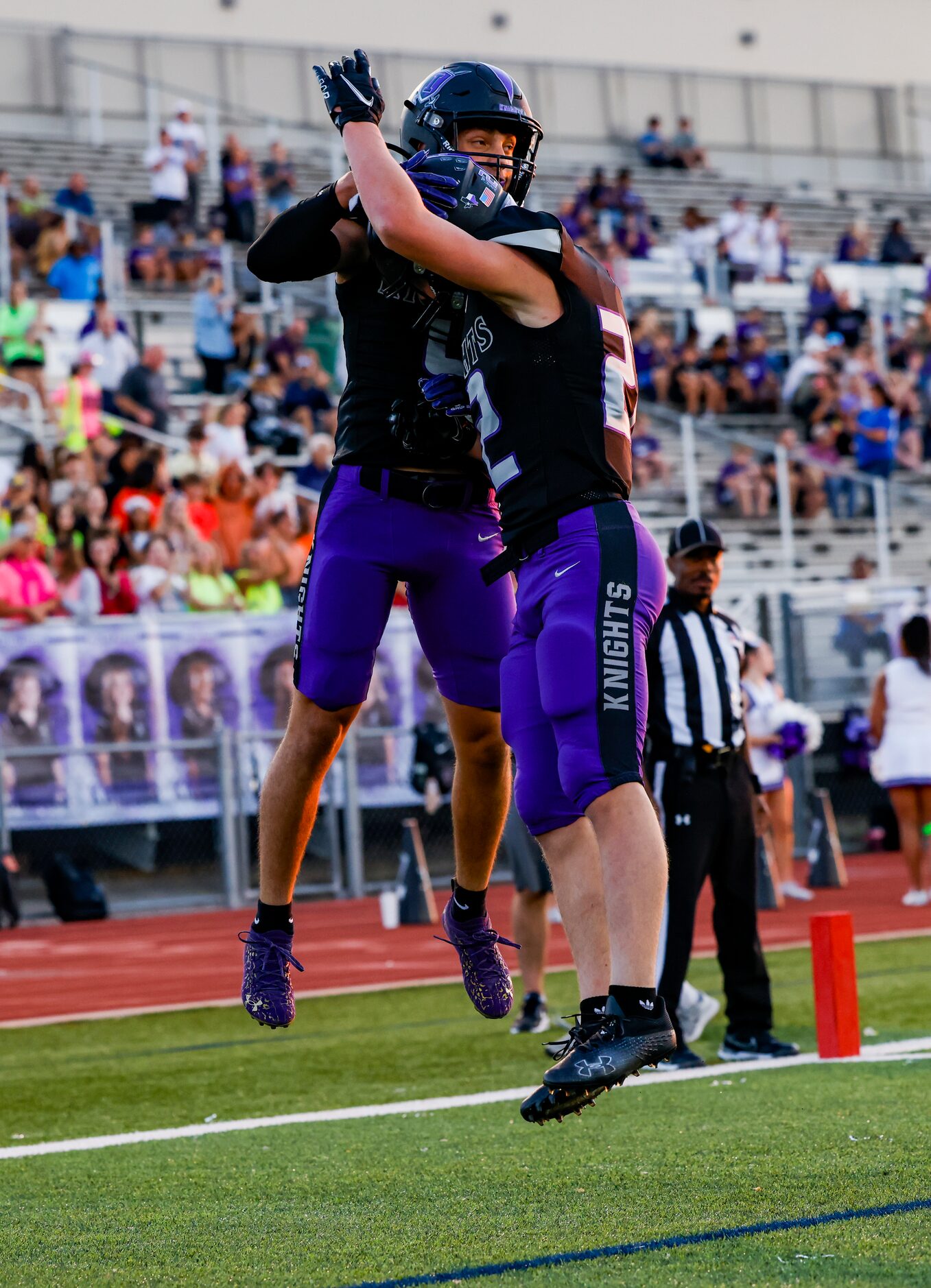 Frisco Independence’s Austin Call (22) celebrates scoring a touchdown against Denton during...