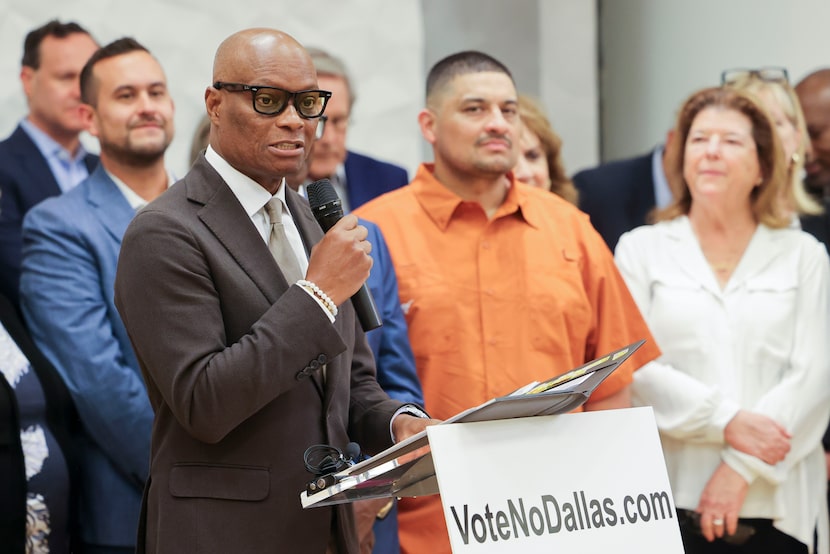 Retired Dallas police chief David Brown speaks alongside current and former Dallas elected,...