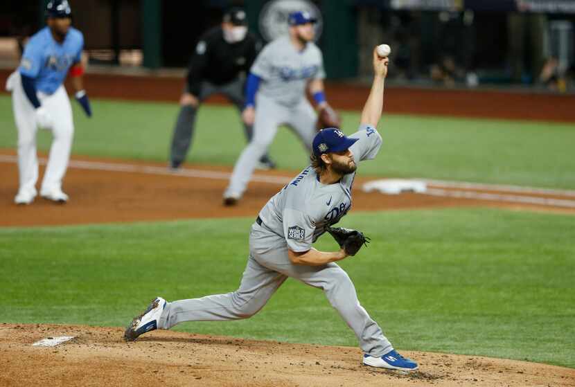 Los Angeles Dodgers starting pitcher Clayton Kershaw pitches in a game against the Tampa Bay...