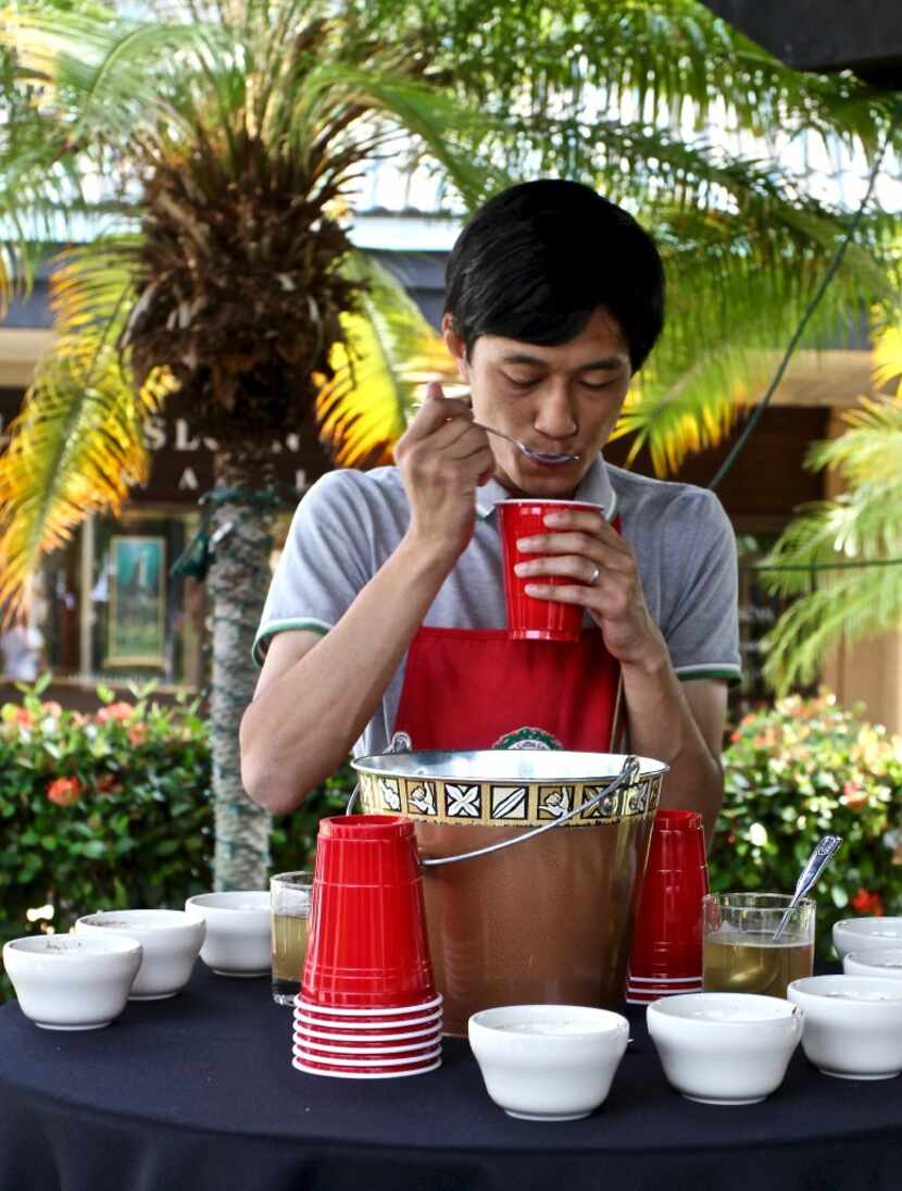 A coffee judge first experiences the aroma of the coffee before tasting it. 