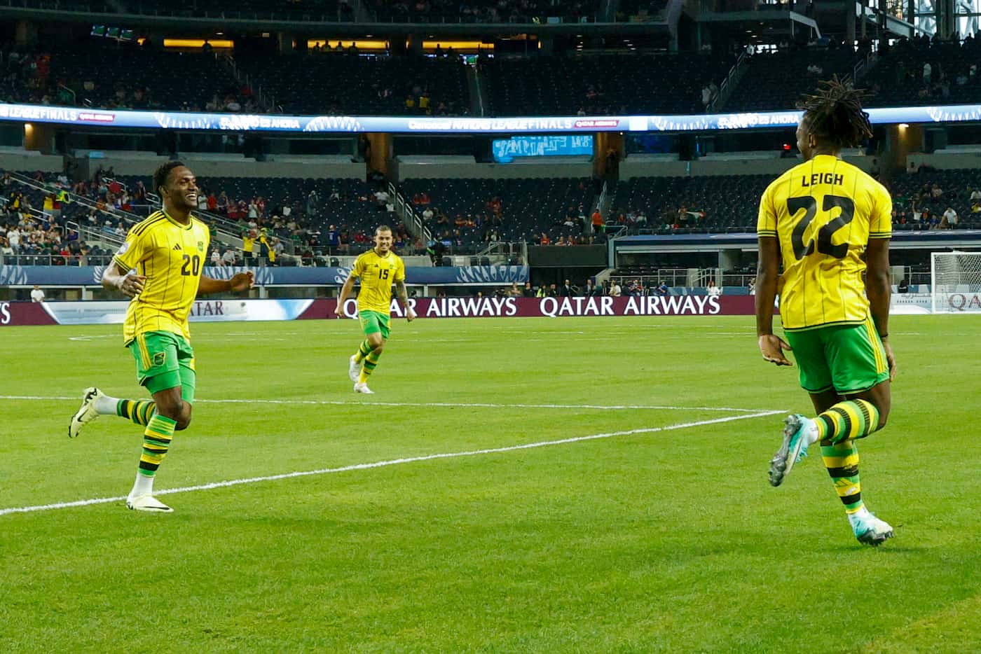 Jamaica defender Gregory Leigh (22) celebrates his goal during the first minute of the first...