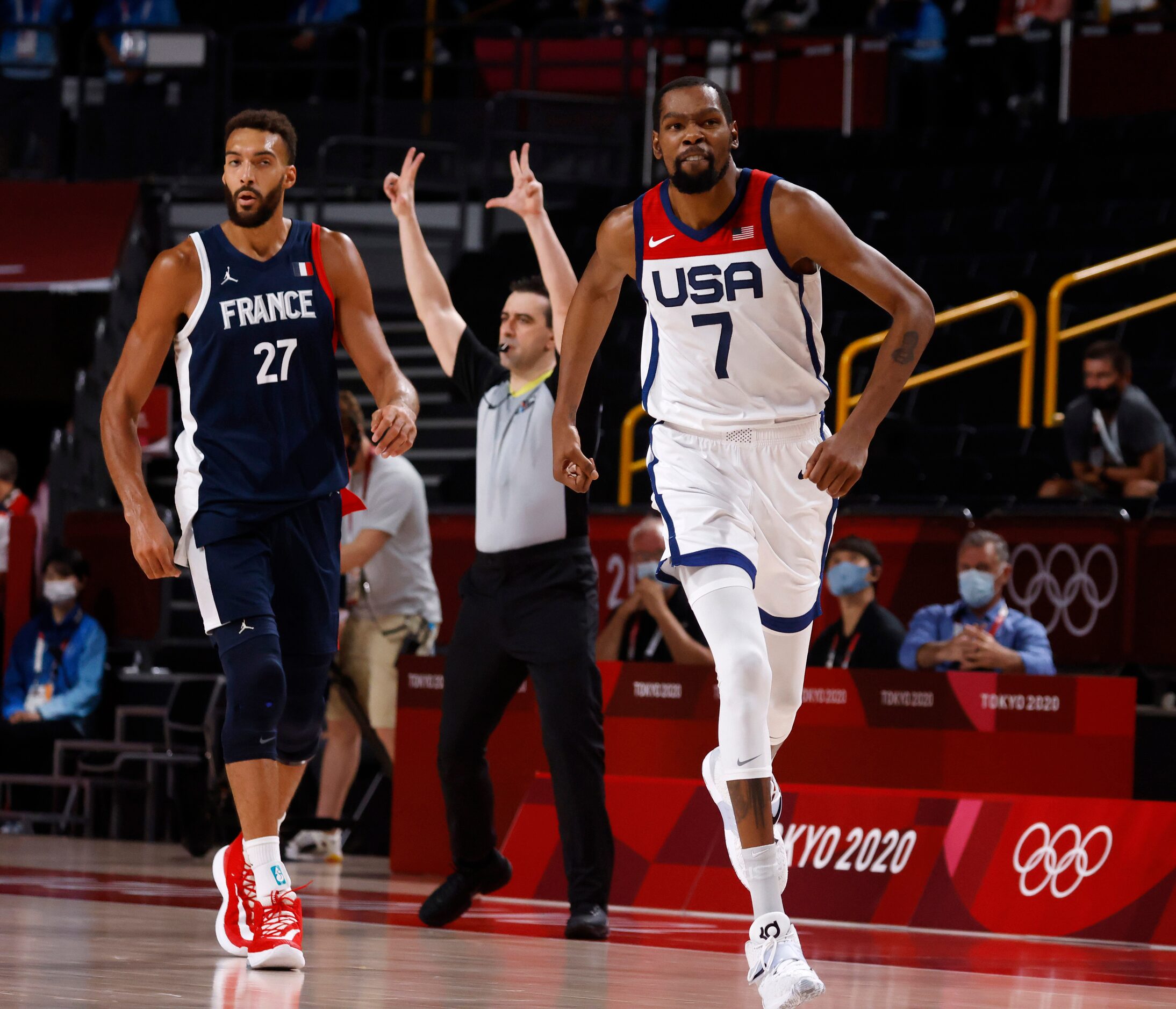 USA’s Kevin Durant celebrates after making a three pointer in a game against France during...