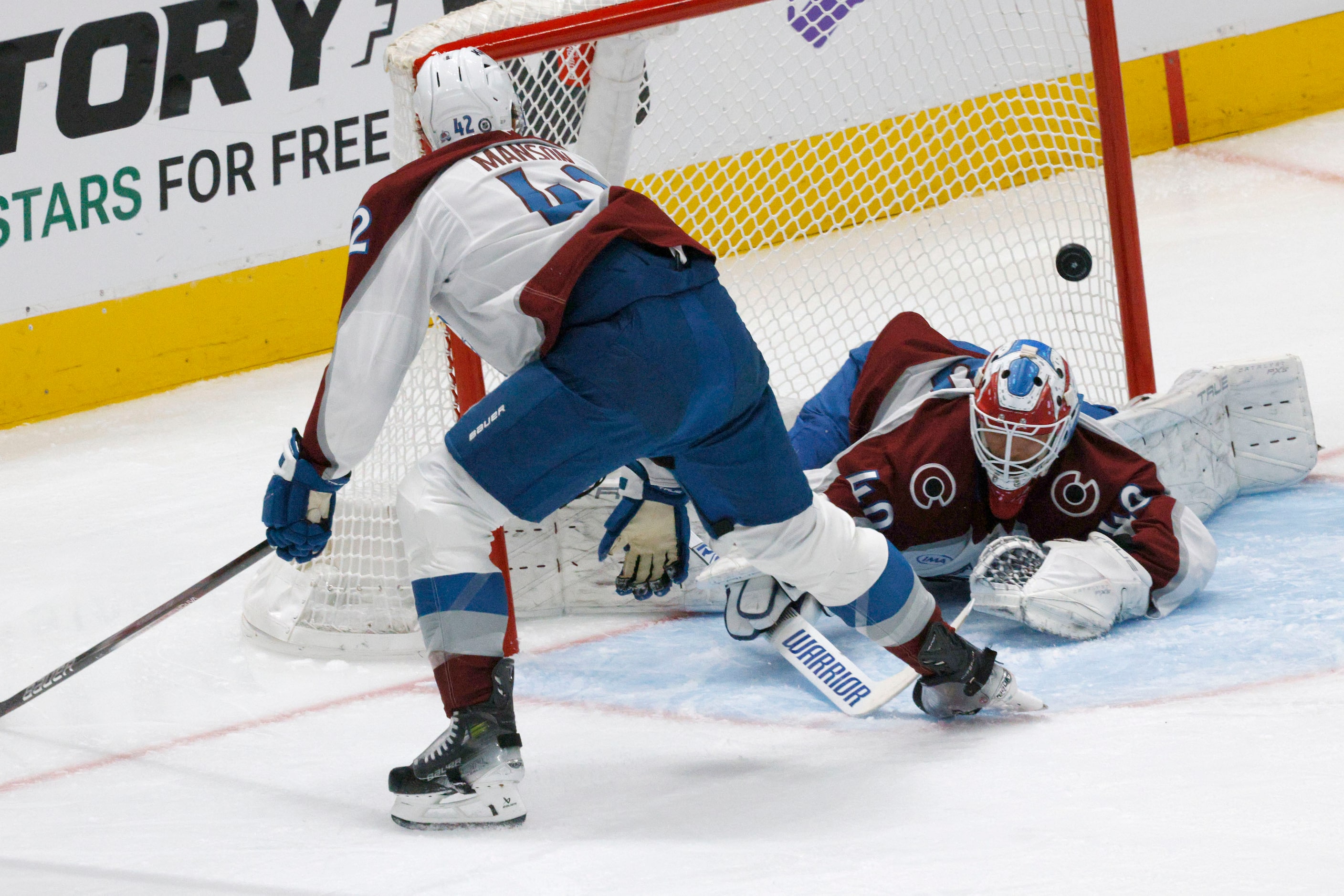 Colorado Avalanche goaltender Alexandar Georgiev (40) cannot stop a shot by Dallas Stars...