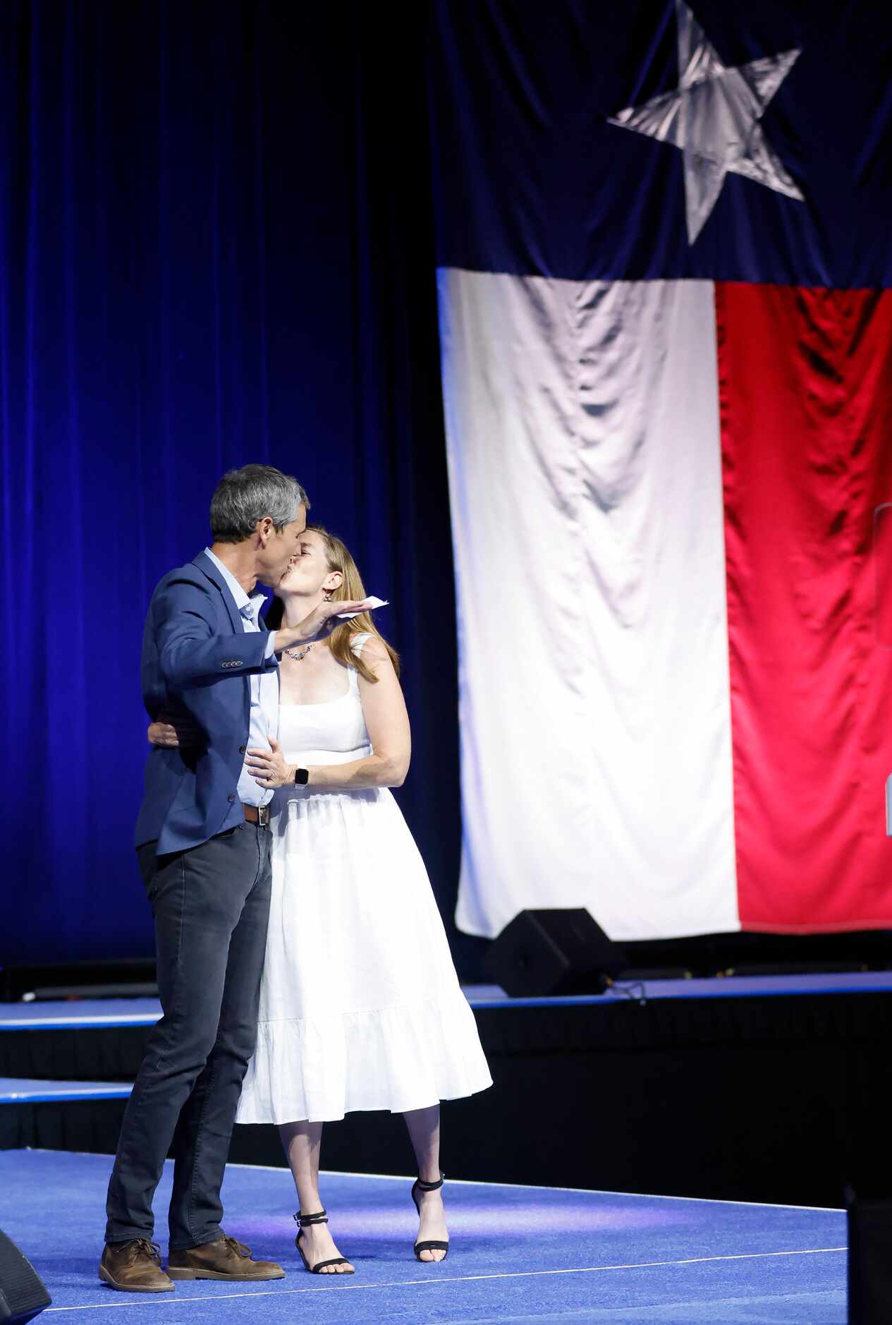 Democratic gubernatorial challenger Beto O'Rourke gives his wife Amy a kiss after delivering...
