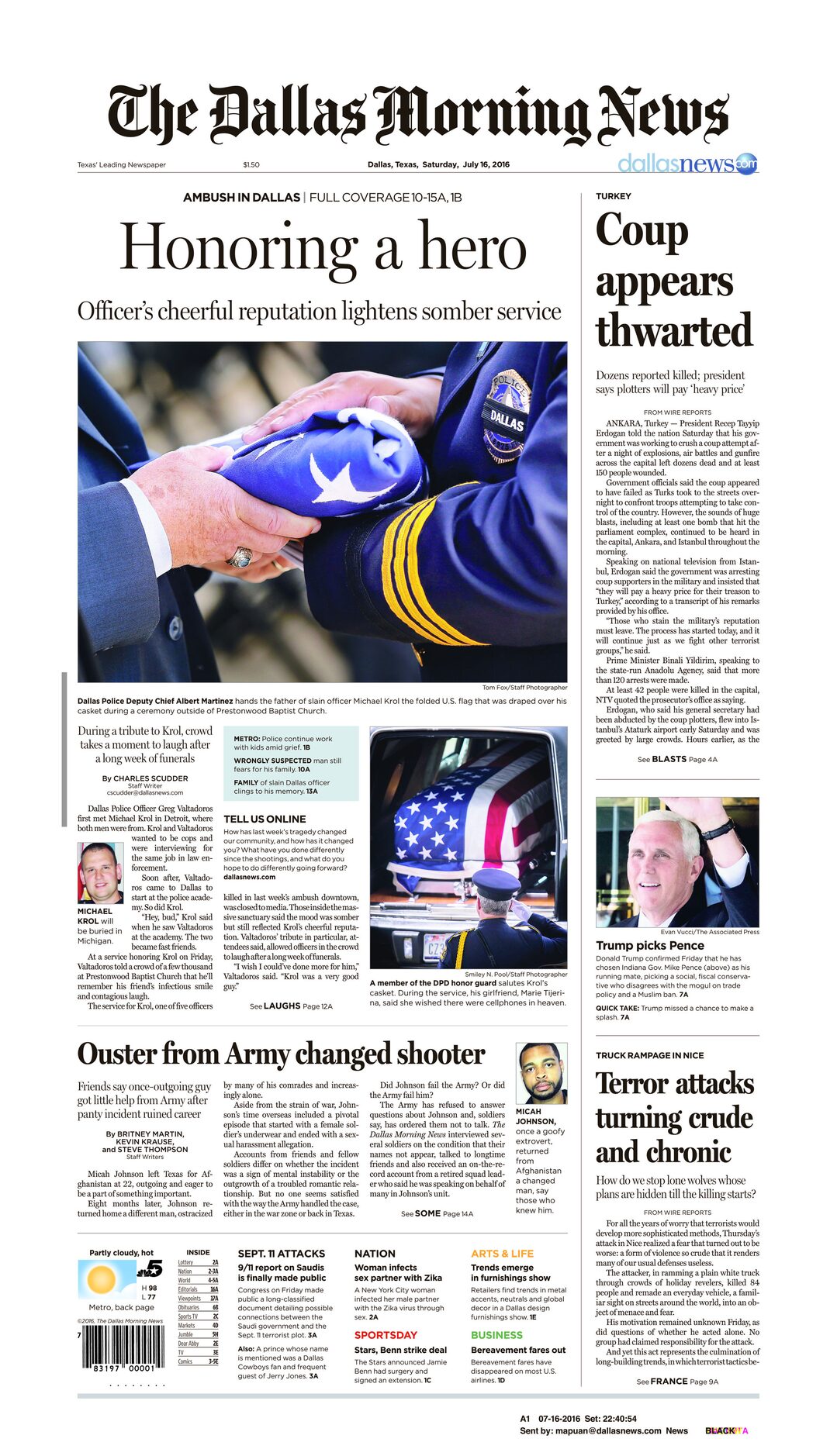 Front page of The Dallas Morning News on July 16, 2016. 