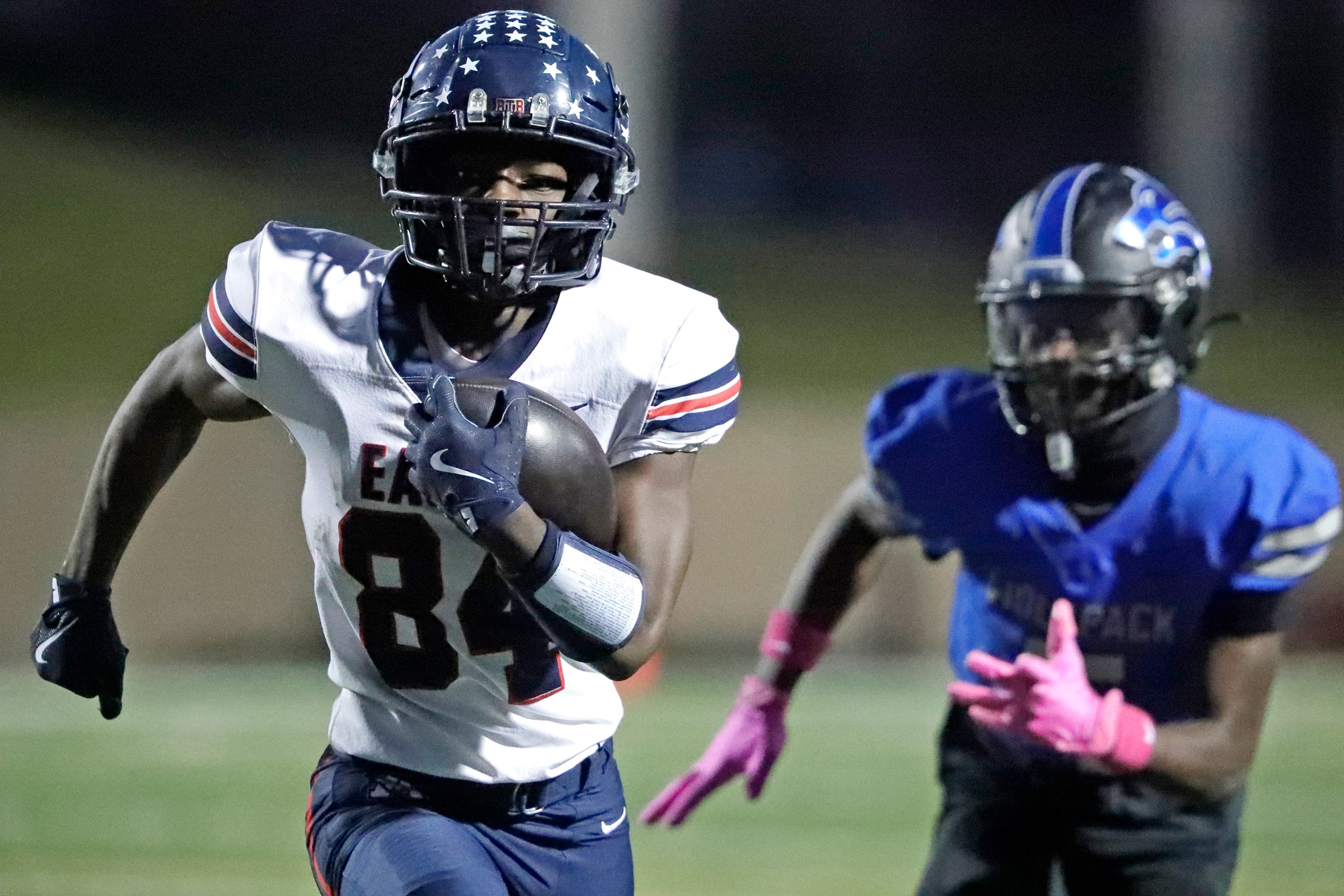 Allen High School wide receiver Josyah Johnson (84) gets a big run after the catch as Plano...