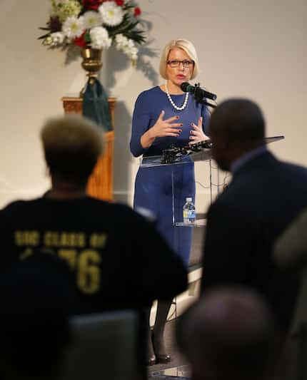  Dallas County District Attorney Susan Hawk responded to a question posed by Dallas resident...