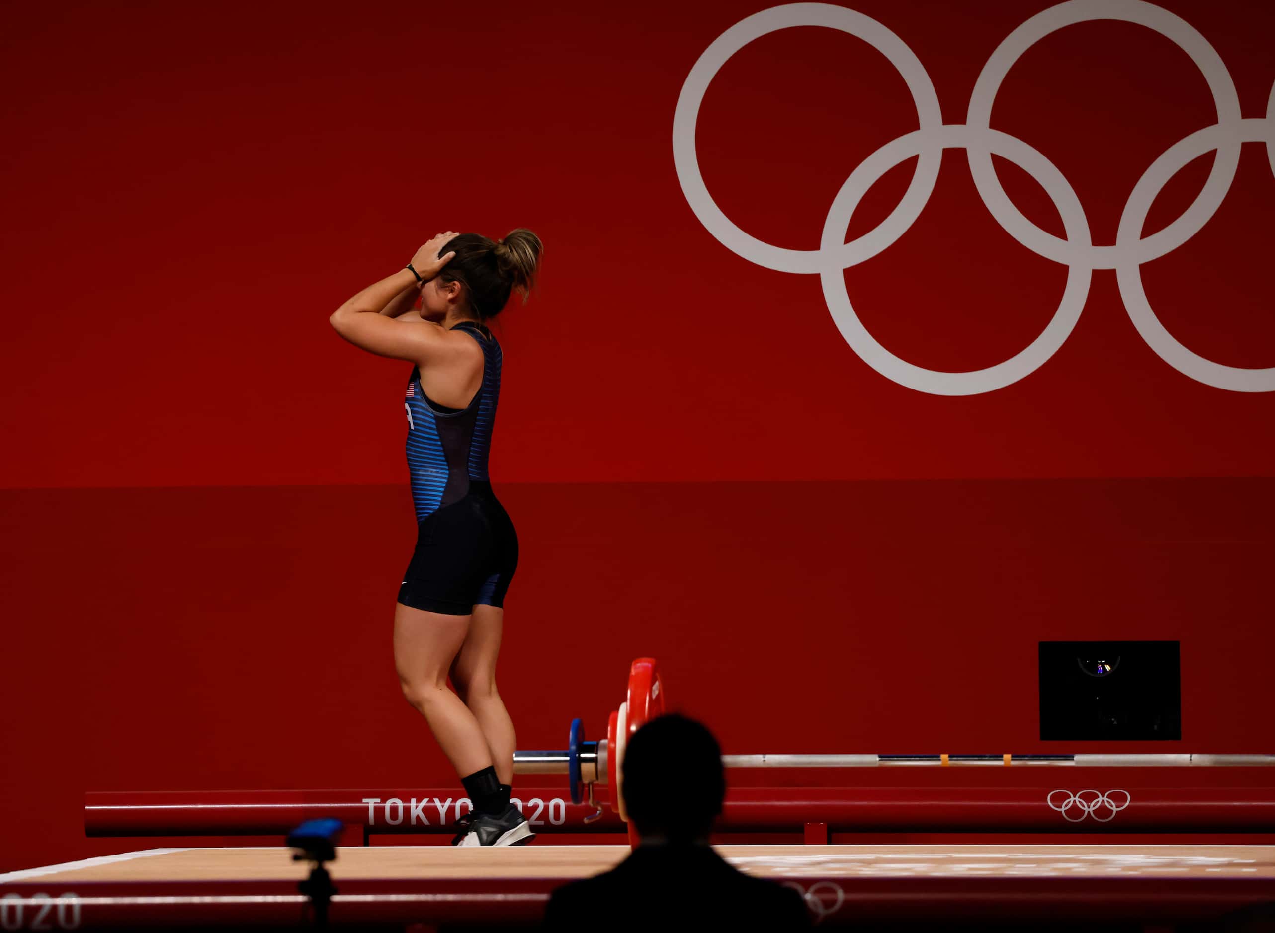 USA’s Jourdan Delacruz after attempting to lift 89kg on her third attempt of the snatch...