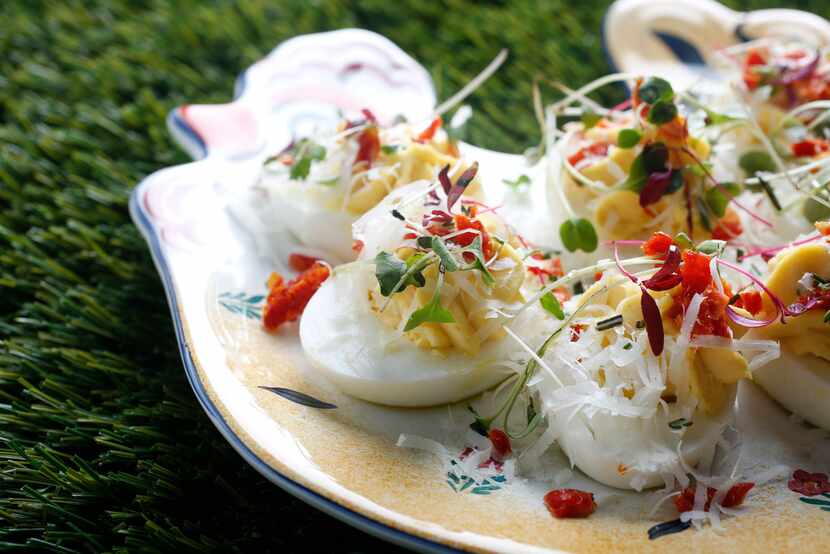 Parmesan, Truffle Oil and Rainbow Microgreens deviled eggs 