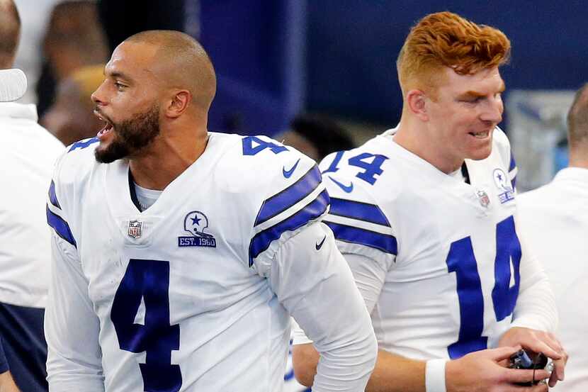 Dallas Cowboys quarterback Dak Prescott (4) is excited by his touchdown catch as he returned...