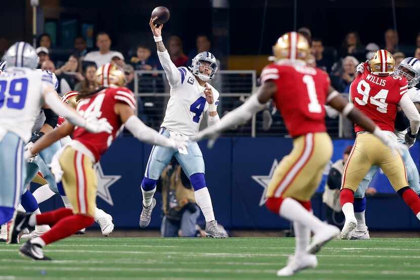 Dallas Cowboys quarterback Dak Prescott (4) throws a third quarter pass against the San...