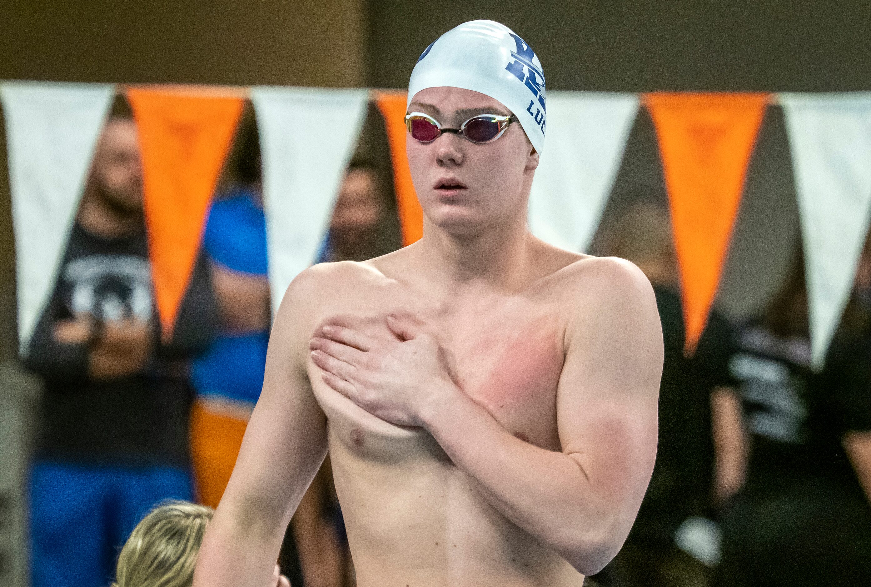 Keller’s Cooper Lucas, prepares to compete in the 200 freestyle during the 2023 UIL Swim &...