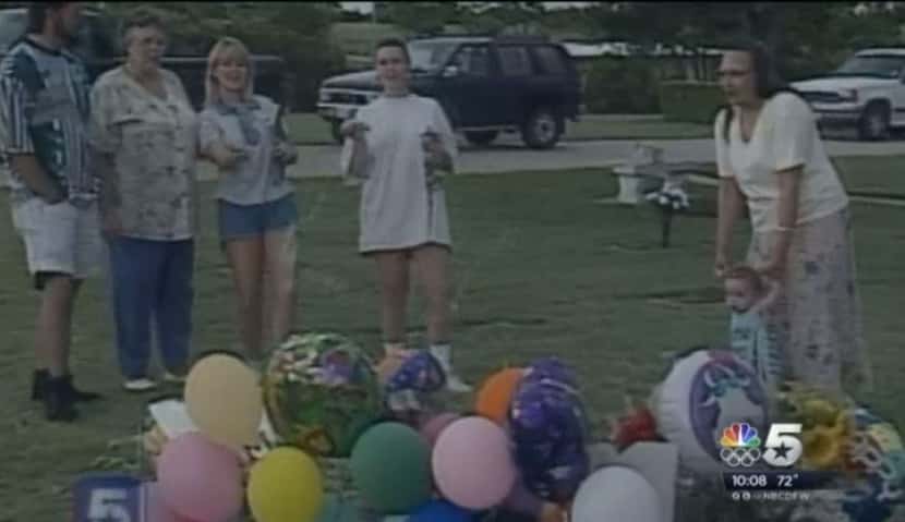 An image from a rebroadcast of the 1996 video NBC5 captured of Darlie Routier spraying Silly...