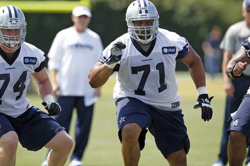 Dallas Cowboys rookie offensive lineman Ronald Leary (71) during a rookie minicamp at their...