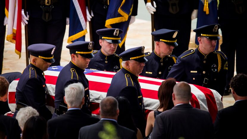 Services for Dallas police officer Michael Krol at Prestonwood Baptist Church on Friday,...