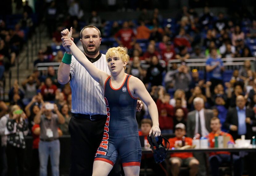 Euless Trinity's Mack Beggs is announced as the winner of the state championship title in...