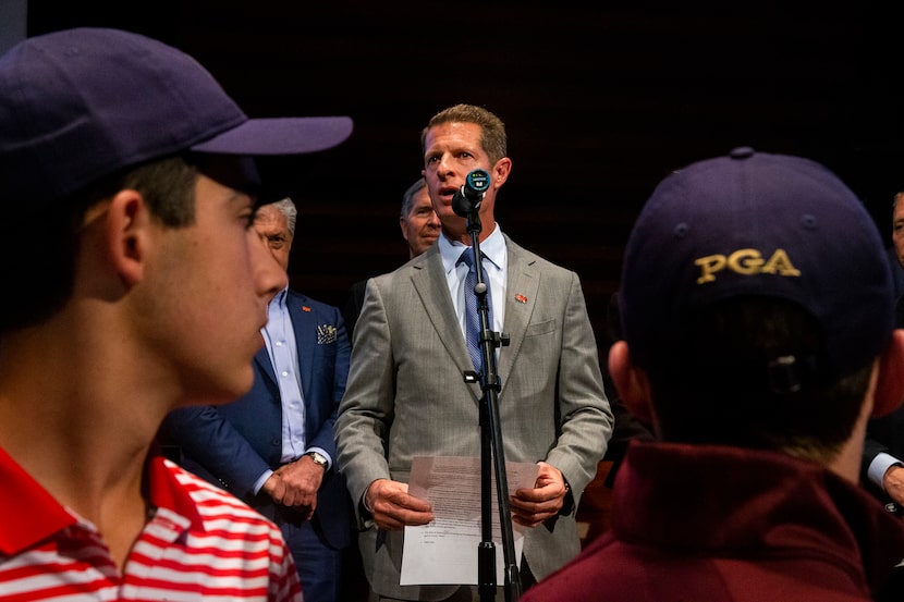 Darrell Crall, PGA of America Chief Operating Officer, makes remarks following a Frisco City...