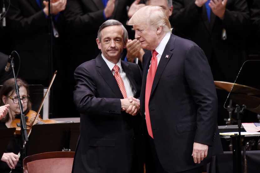 President Donald Trump and Pastor Robert Jeffress, left, participate in the Celebrate...