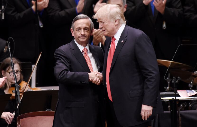 President Donald Trump and Pastor Robert Jeffress, left, participate in the Celebrate...