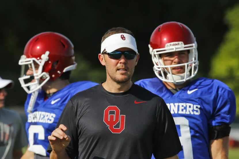 Oklahoma offensive coordinator Lincoln Riley is pictured during an Oklahoma NCAA college...