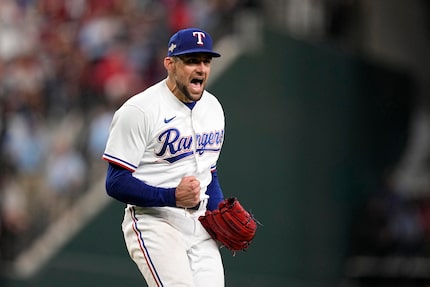 FILE - In this Oct. 10, 2023, photo, Texas Rangers starting pitcher Nathan Eovaldi...