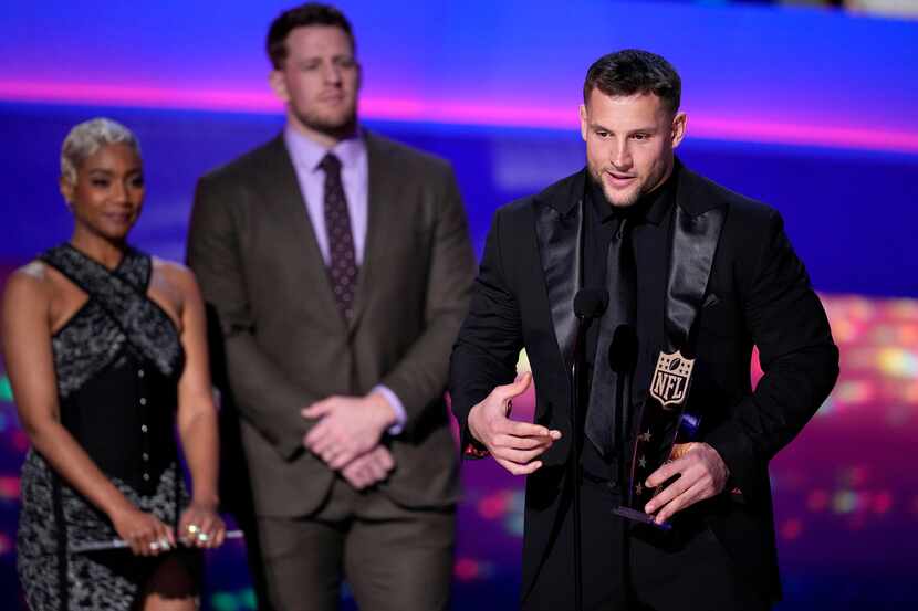 AP Defensive Player of the Year San Francisco 49ers' Nick John Bosa speaks during the NFL...