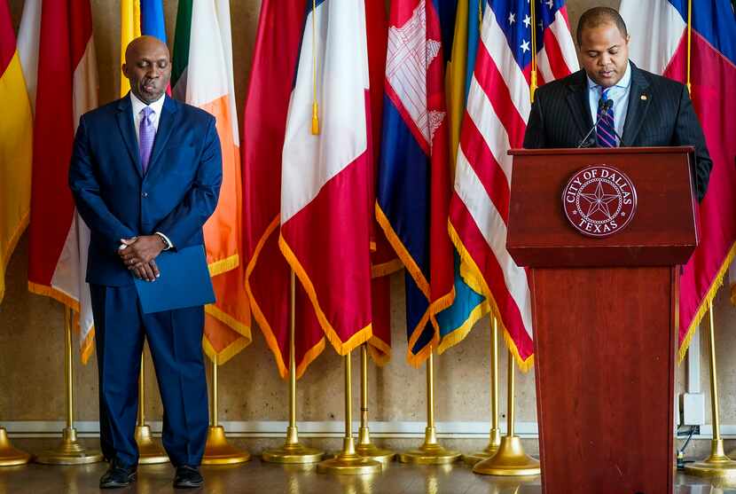 Dallas City Manager T.C. Broadnax (left) listened during a March 16 news conference at City...