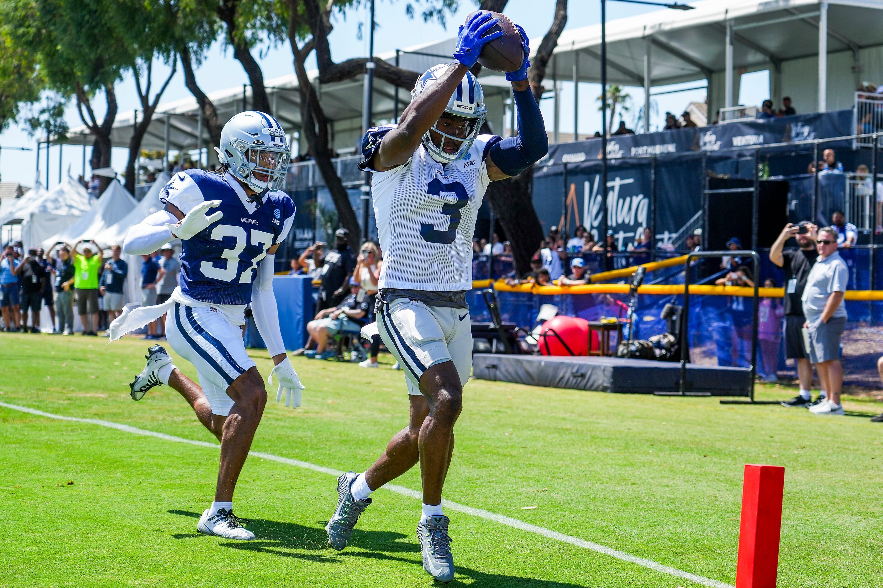 during a training camp practice on Tuesday, Aug. 1, 2023, in Oxnard, Calif.