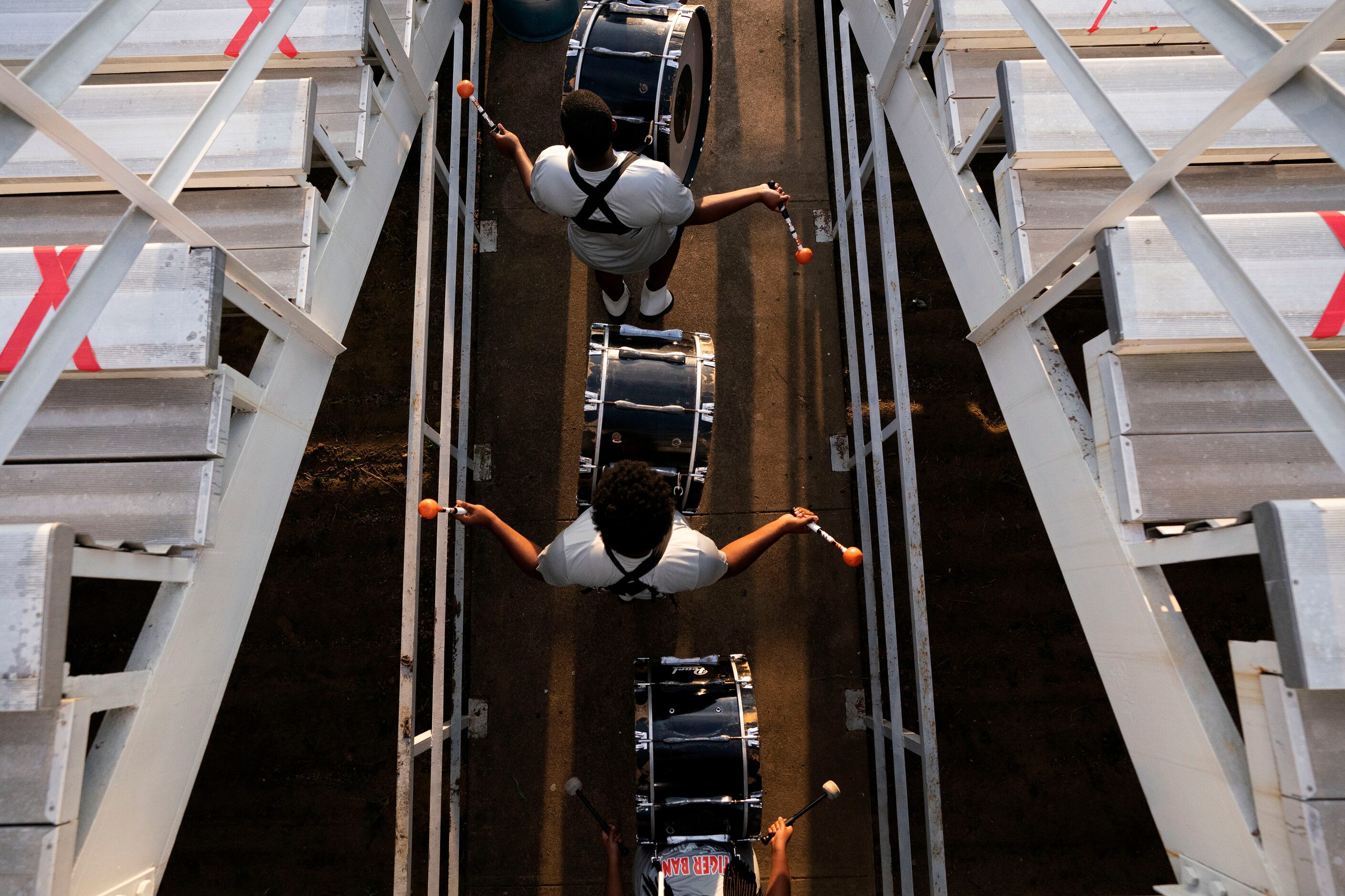 Lancaster bass drummers enter the stadium before a high school football game against Skyline...