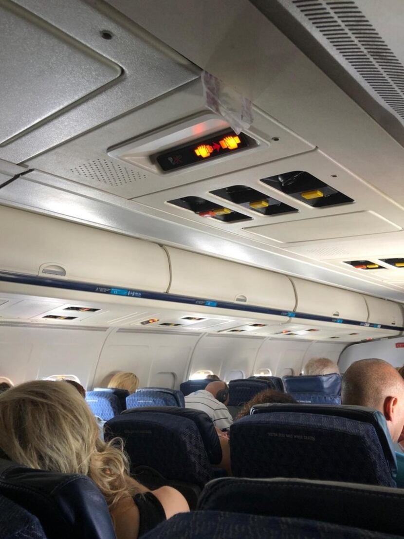 Feminine pads used to stop an overhead leak during a flight from Las Vegas to Los Angeles on...