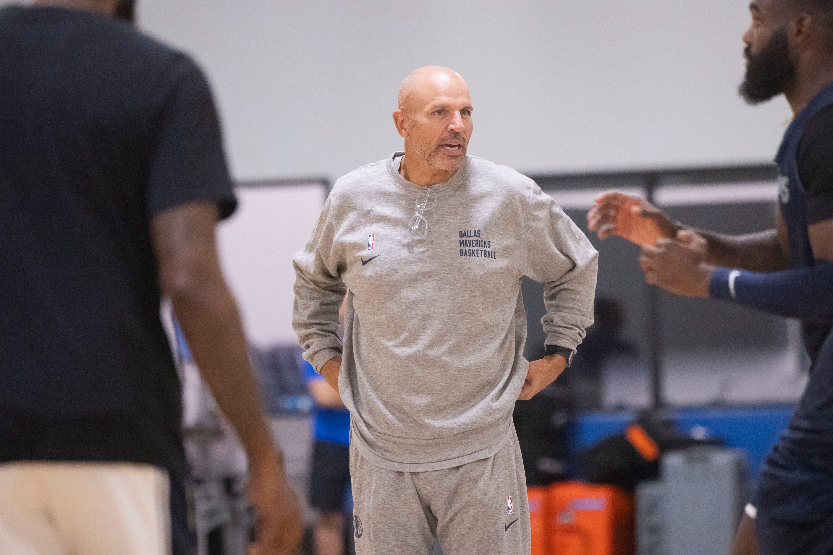 Dallas Mavericks head coach Jason Kidd watches as his team practices at the Mavericks...