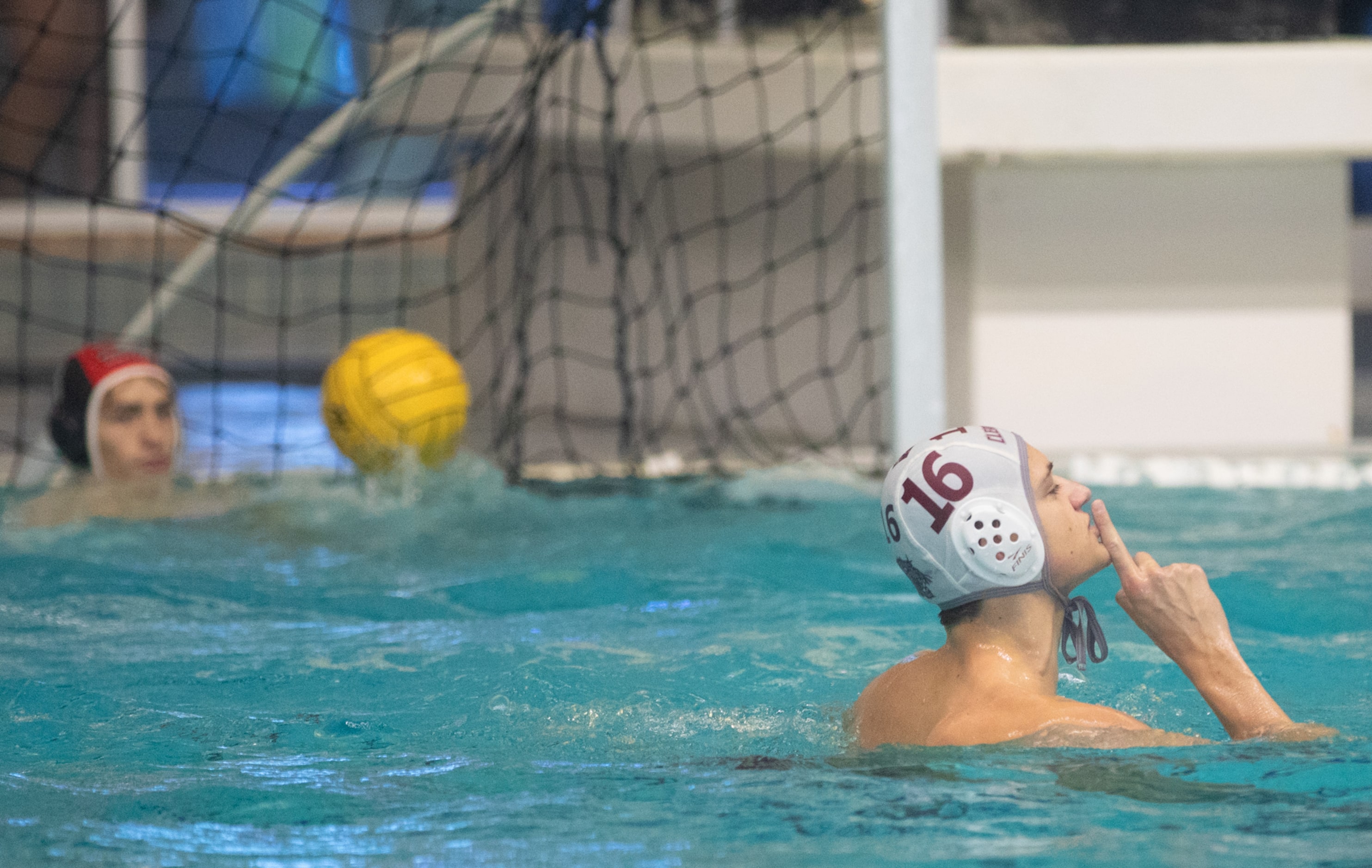 Clear Creek attacker Jamie De Zwart gestures to the Flower Mound Marcus crowd after scoring...