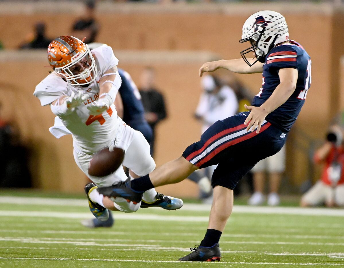 Celina's Hunter Neely (41) blocks a punt by Aubrey's Bryson Bohannon (15) in the first half...