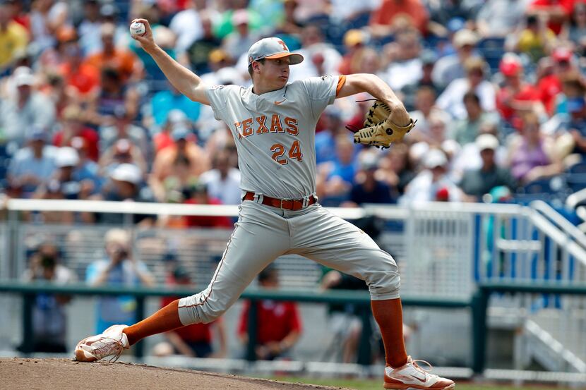Jun 16, 2014; Omaha, NE, USA; Texas Longhorns pitcher Parker French (24) throws against the...