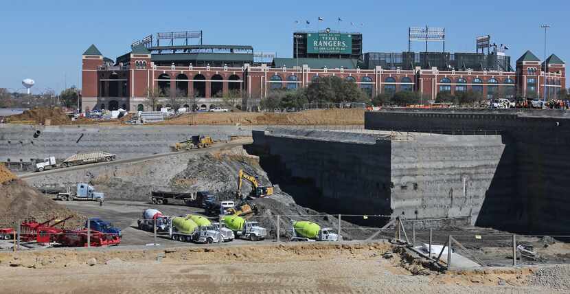 Construction continues on the new Texas Rangers baseball stadium in Arlington.