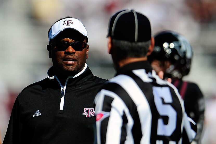 STARKVILLE, MS - NOVEMBER 03:  Head coach Kevin Sumlin of the Texas A&M Aggies discusses a...