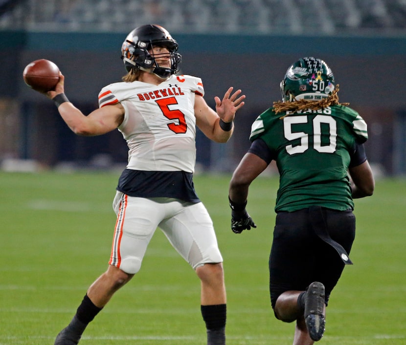 Rockwall Lake Bennett (5) throws a long pass, as Waxahachie’s Rhyus Evans (50) rushes him...