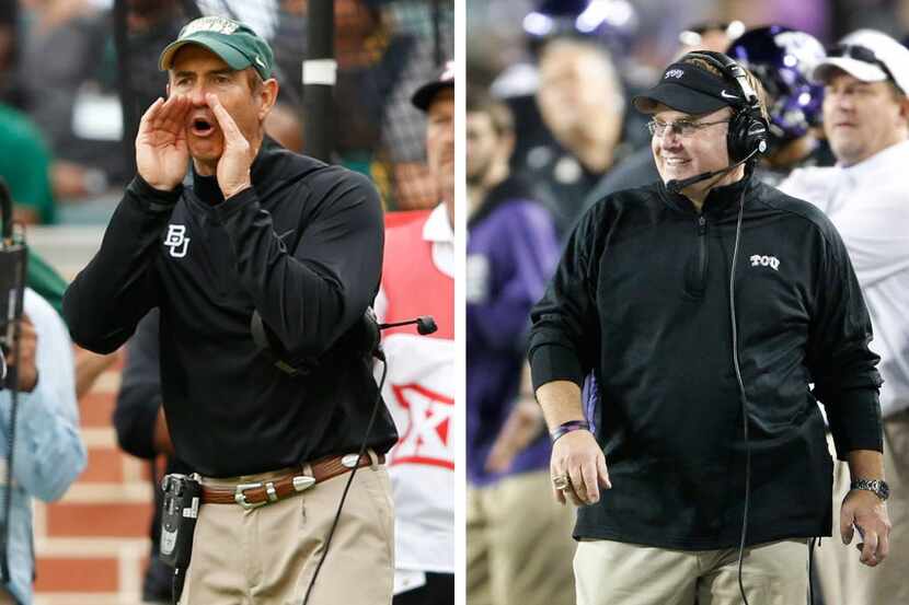 Baylor head coach Art Briles, left, and TCU head coach Gary Patterson, right, have their...