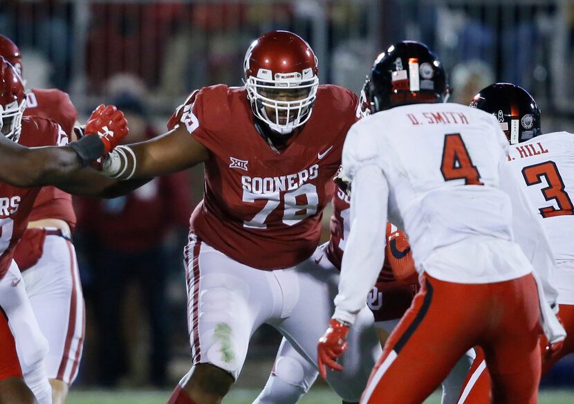 FILE - In this Oct. 28, 2017, file photo, Oklahoma offensive lineman Orlando Brown (78)...