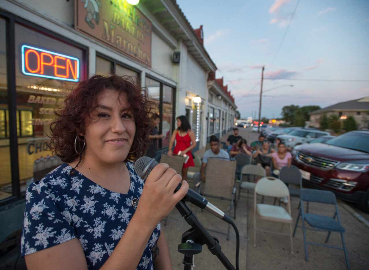 Susana Edith, founder and director of Lucha Dallas, prepares outside Maroches Bakery in the...