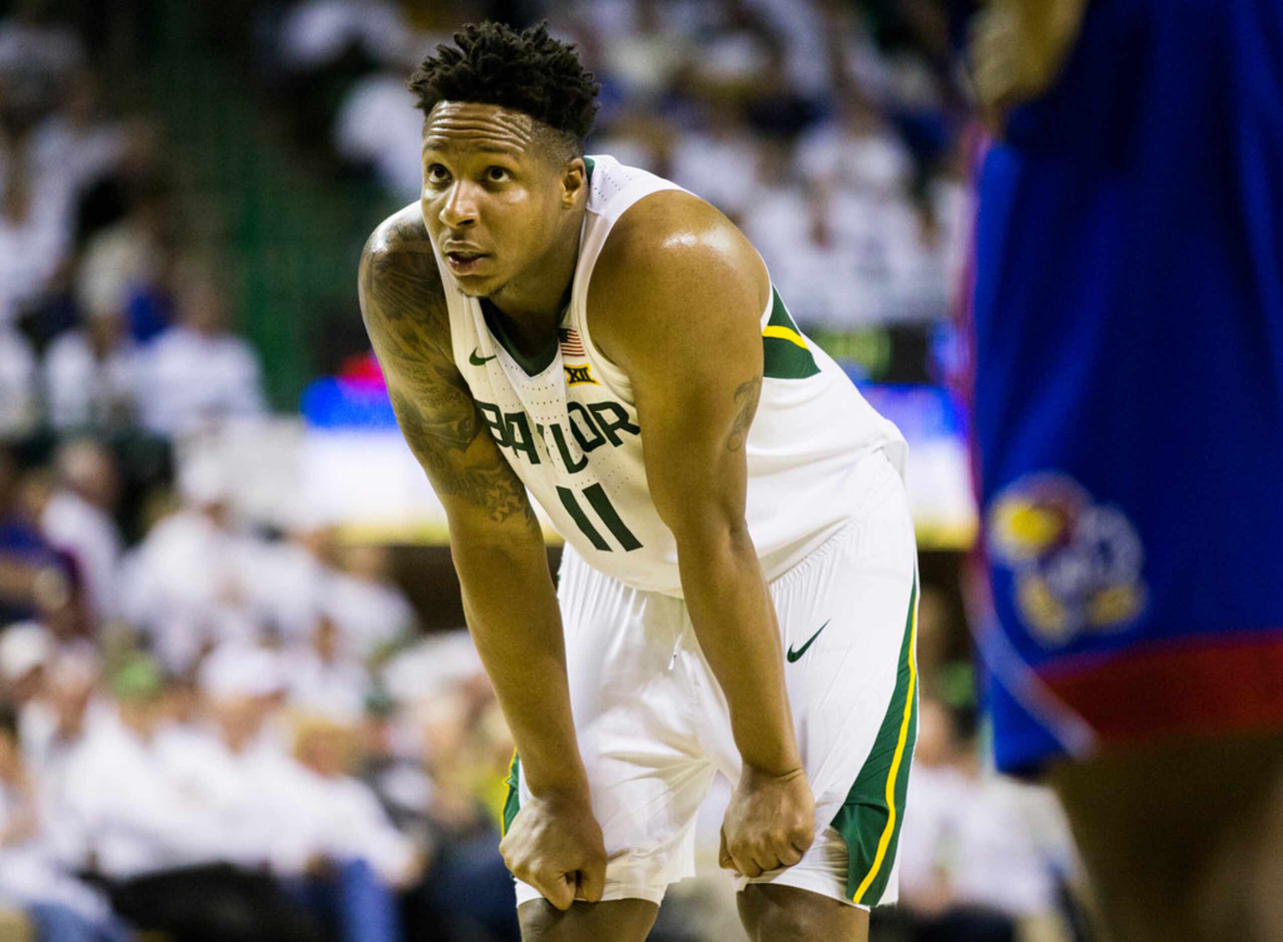 Baylor Bears guard Mark Vital (11) looks up at the hoop before a penalty shot during the...