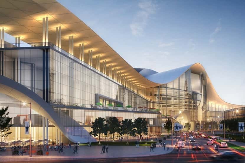 A preliminary rendering of the proposed new Dallas Convention Center, looking north on Lamar...
