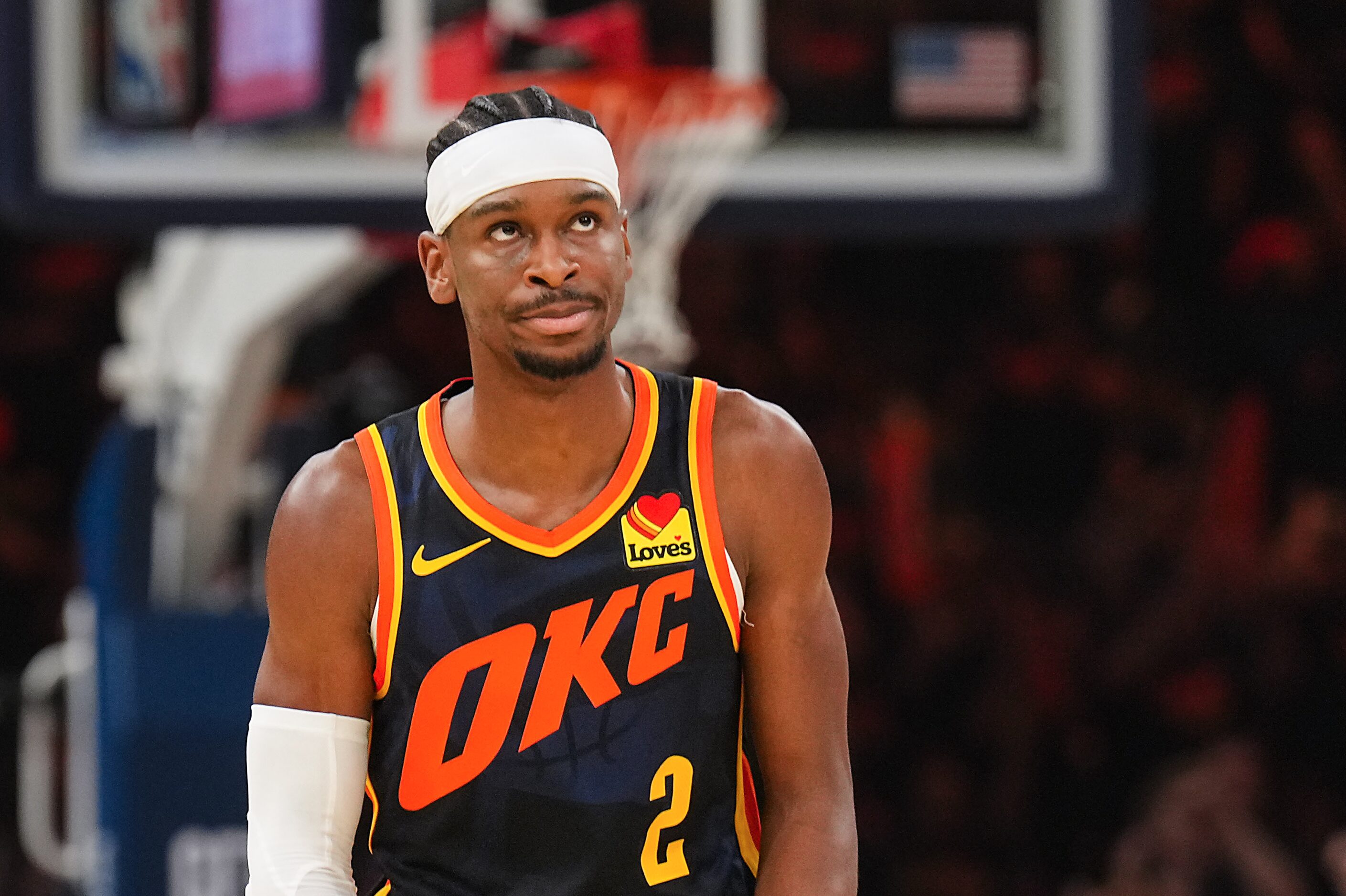 Oklahoma City Thunder guard Shai Gilgeous-Alexander (2) reacts after a Dallas Mavericks...