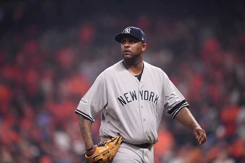 New York Yankees pitcher C.C. Sabathia on the field as his team faces the Houston Astros in...