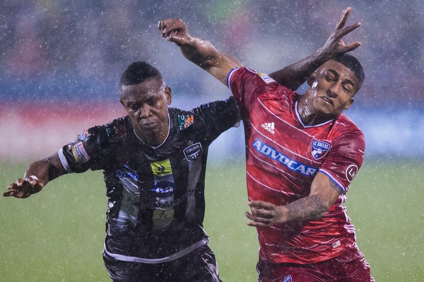 FC Dallas midfielder Santiago Mosquera (11) gets a hand to the face from Tauro F.C.'s...