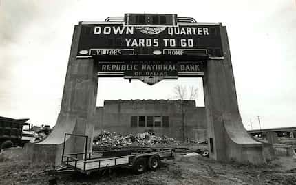 P. C. Cobb Stadium was at Oak Lawn Avenue at Stemmons Freeway. The scoreboard stood amid...