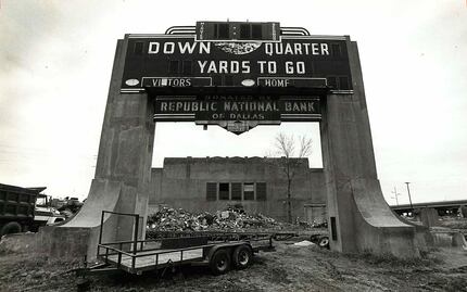 P. C. Cobb Stadium was at Oak Lawn Avenue at Stemmons Freeway. The scoreboard stood amid...